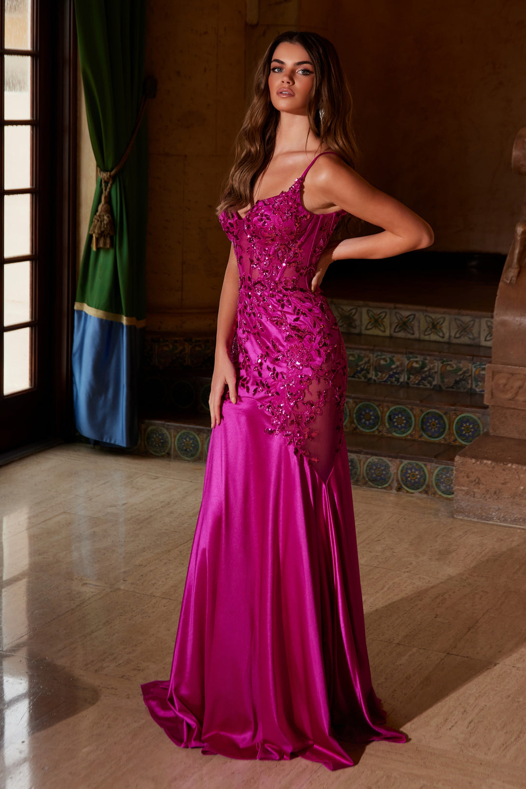 Applique Satin V-Neck Gown by Nox Anabel E1532