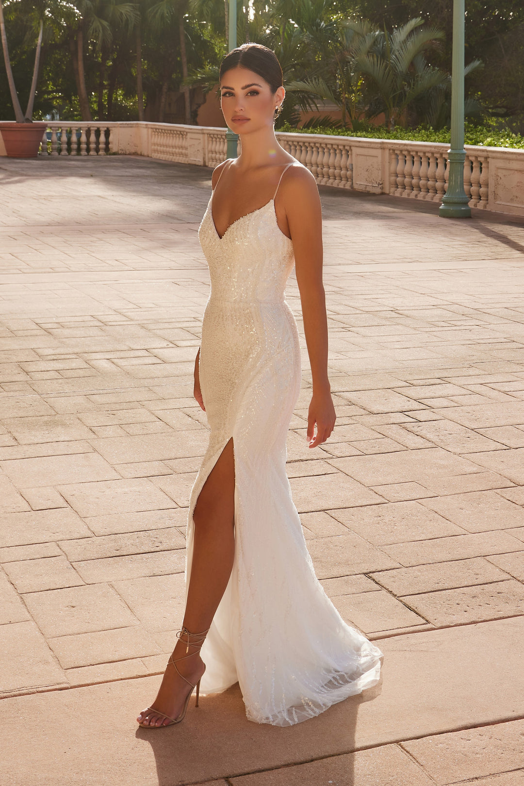 Beaded V-Neck Slit Bridal Gown by Nox Anabel E1535W