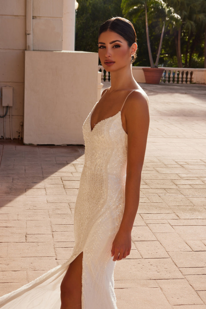 Beaded V-Neck Slit Bridal Gown by Nox Anabel E1535W