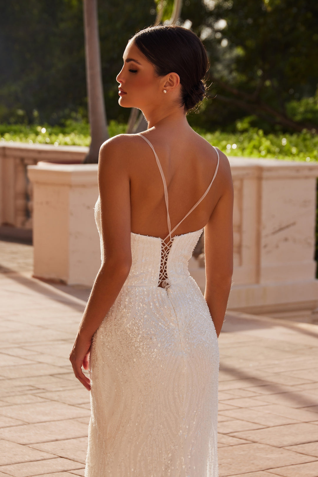 Beaded V-Neck Slit Bridal Gown by Nox Anabel E1535W