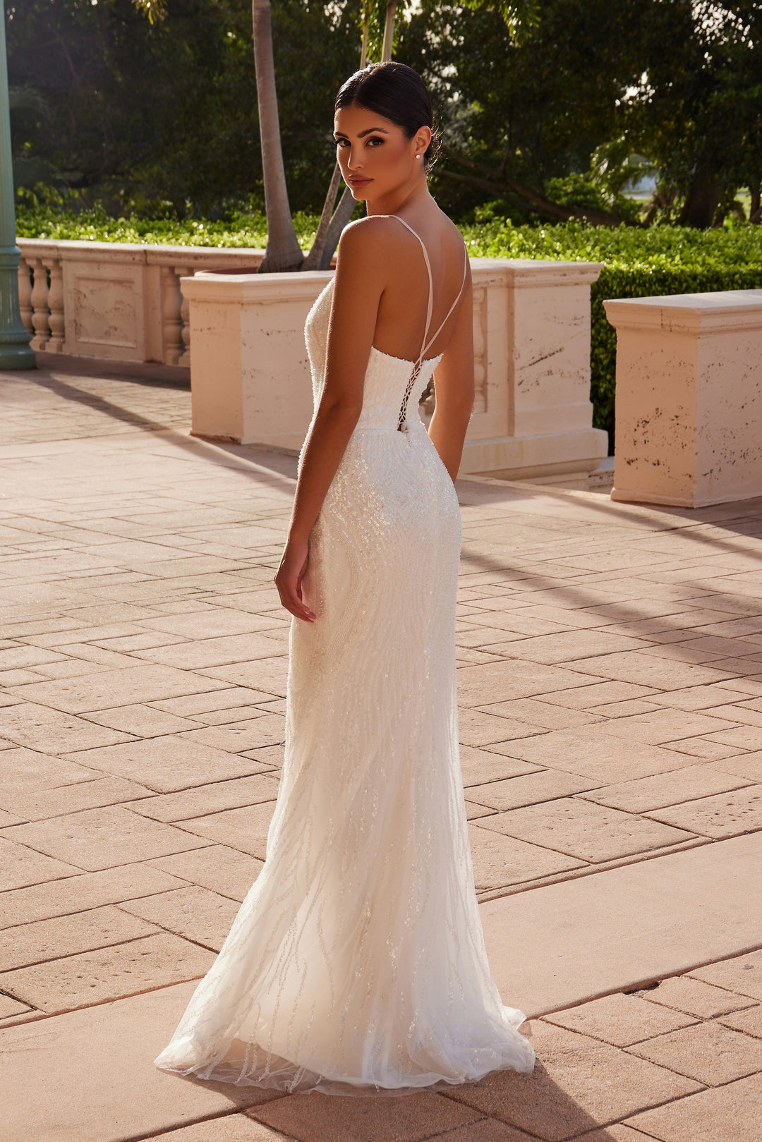 Beaded V-Neck Slit Bridal Gown by Nox Anabel E1535W