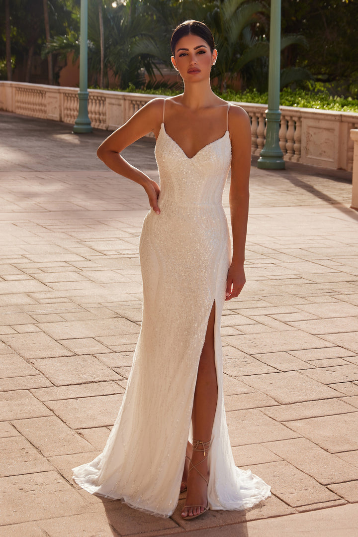 Beaded V-Neck Slit Bridal Gown by Nox Anabel E1535W