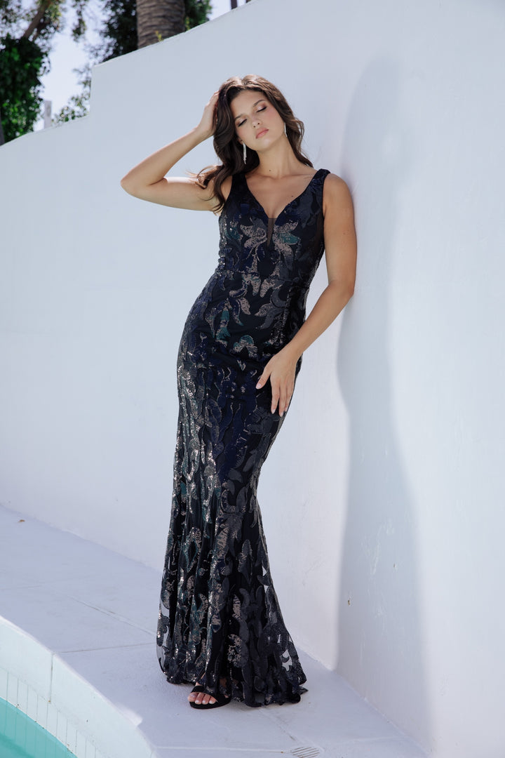 Sequin Print Fitted V-Neck Gown by Eureka EK101