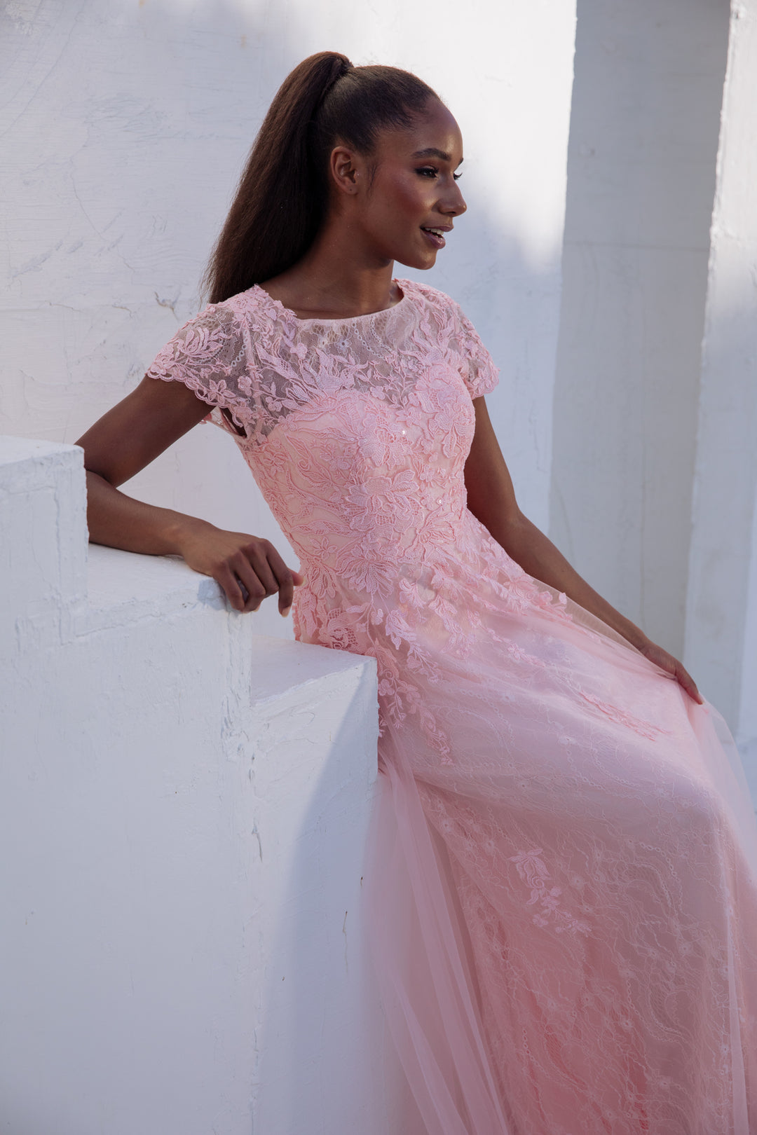 Lace Tulle Short Sleeve A-line Gown by Eureka EK104