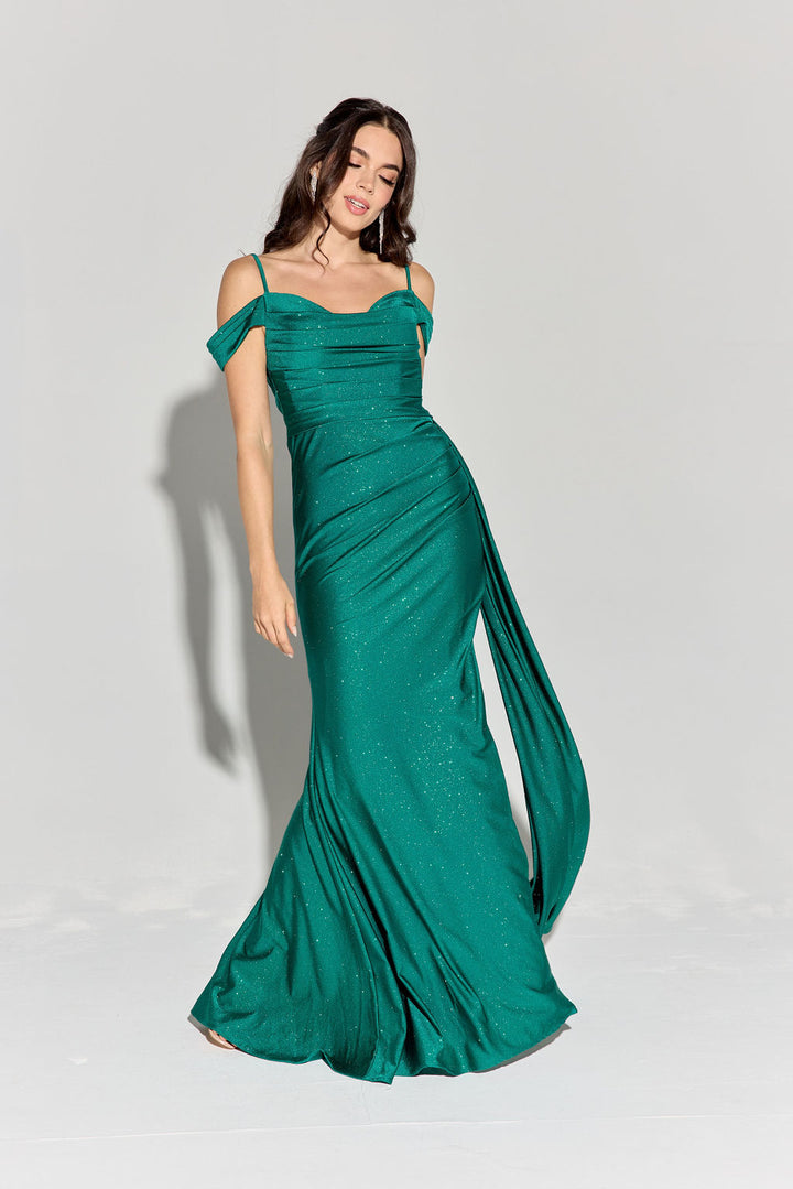 Glitter Satin Cold Shoulder Slit Gown by Eureka EK107