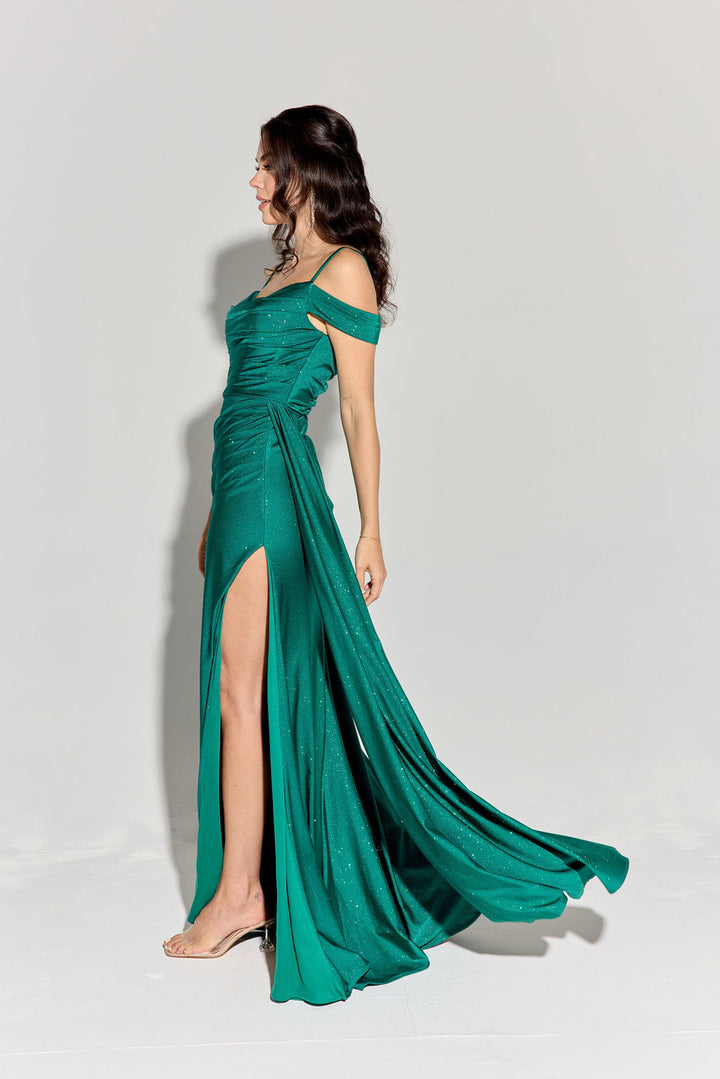 Glitter Satin Cold Shoulder Slit Gown by Eureka EK107