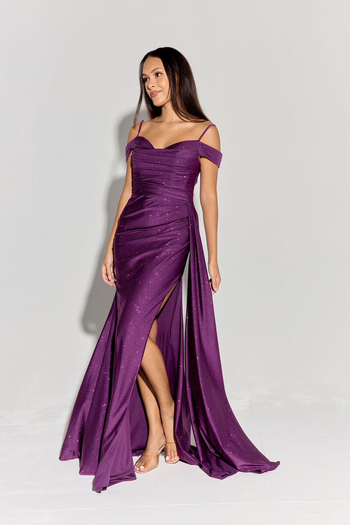 Glitter Satin Cold Shoulder Slit Gown by Eureka EK107