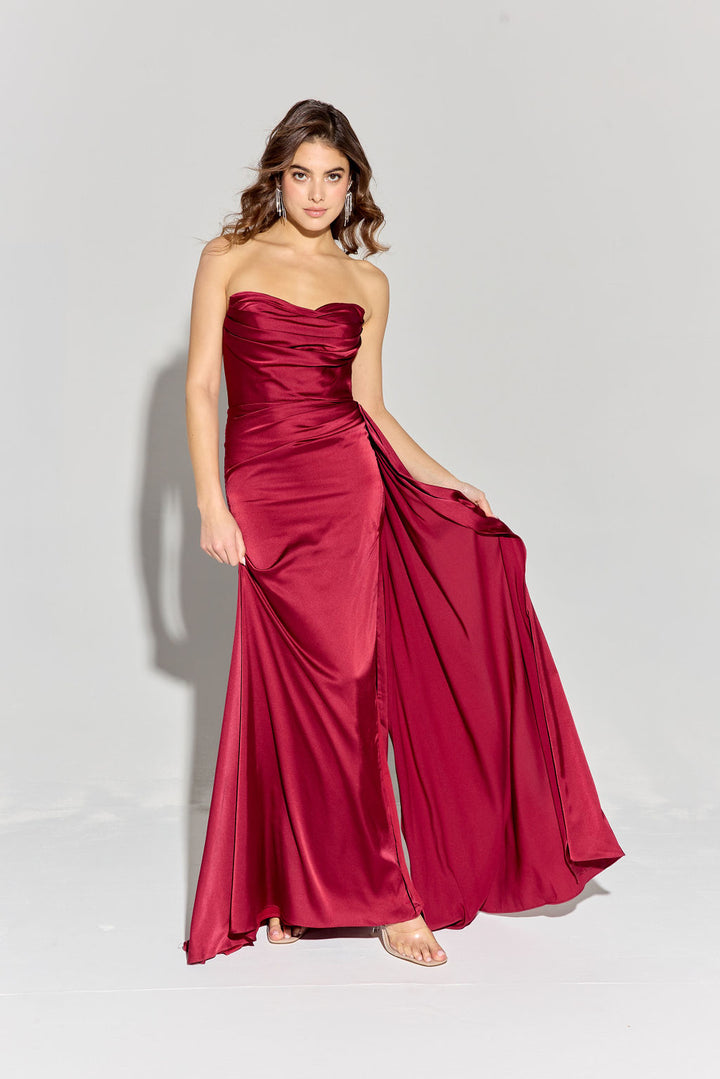 Satin Fitted Strapless Slit Gown by Eureka EK118