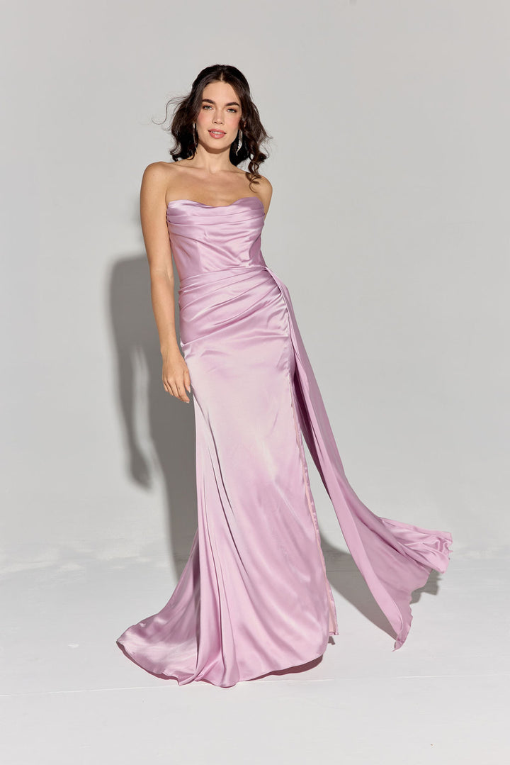 Satin Fitted Strapless Slit Gown by Eureka EK118