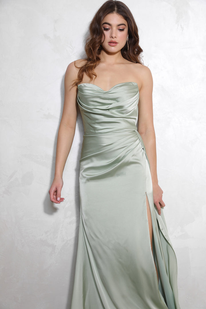 Satin Fitted Strapless Slit Gown by Eureka EK118