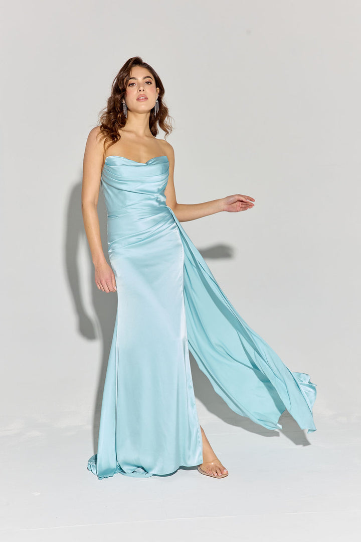 Satin Fitted Strapless Slit Gown by Eureka EK118