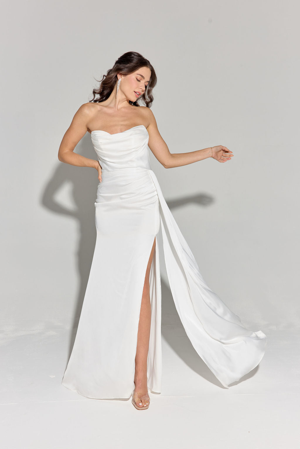 Satin Fitted Strapless Slit Gown by Eureka EK118