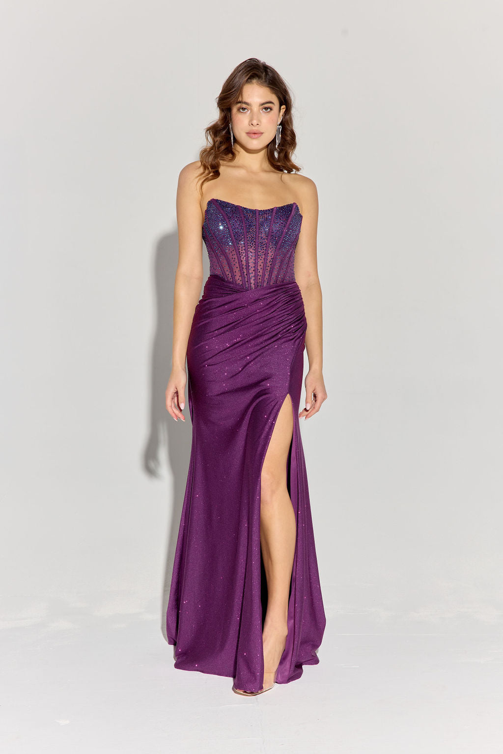 Glitter Jersey Strapless Slit Gown by Eureka EK169