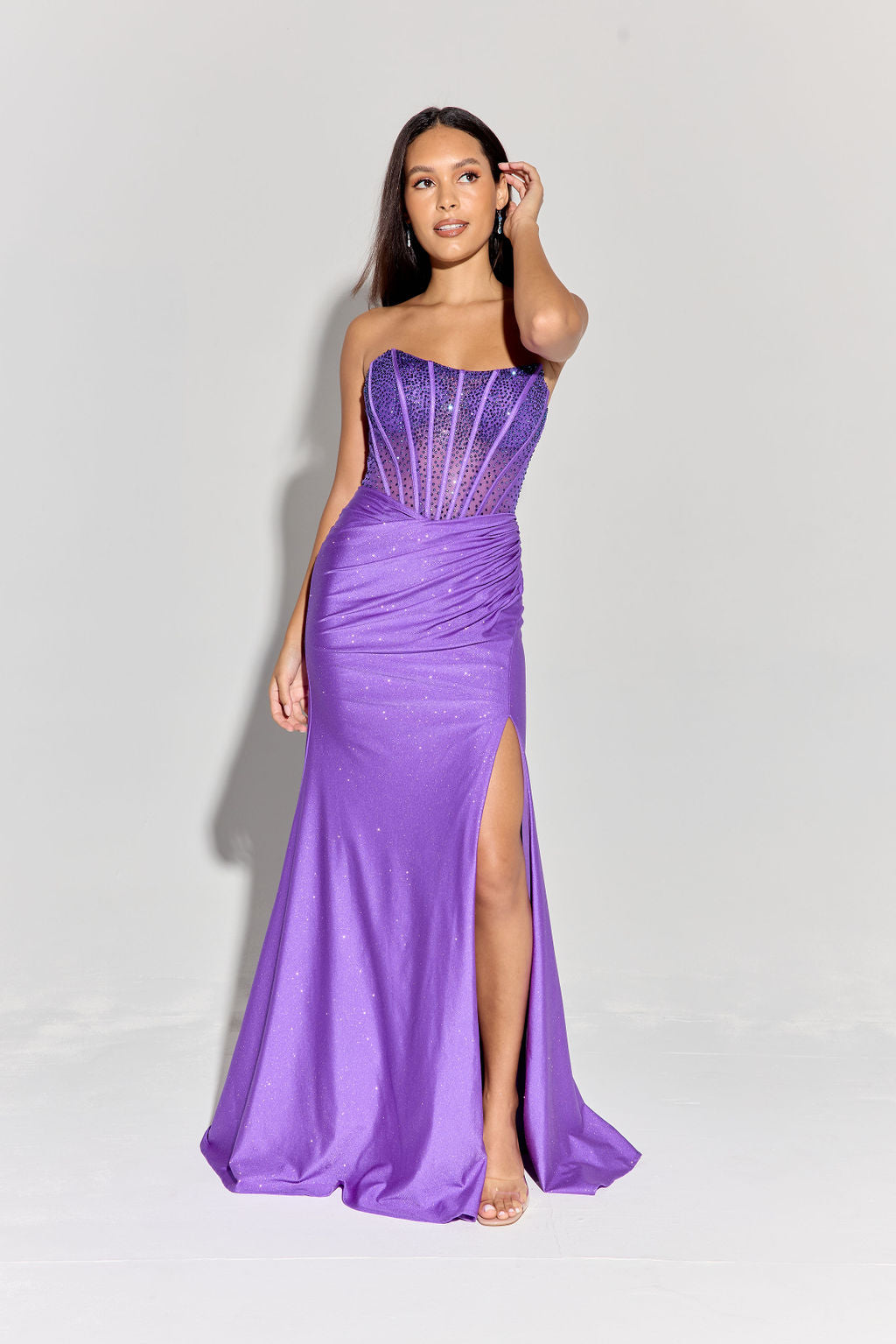 Glitter Jersey Strapless Slit Gown by Eureka EK169