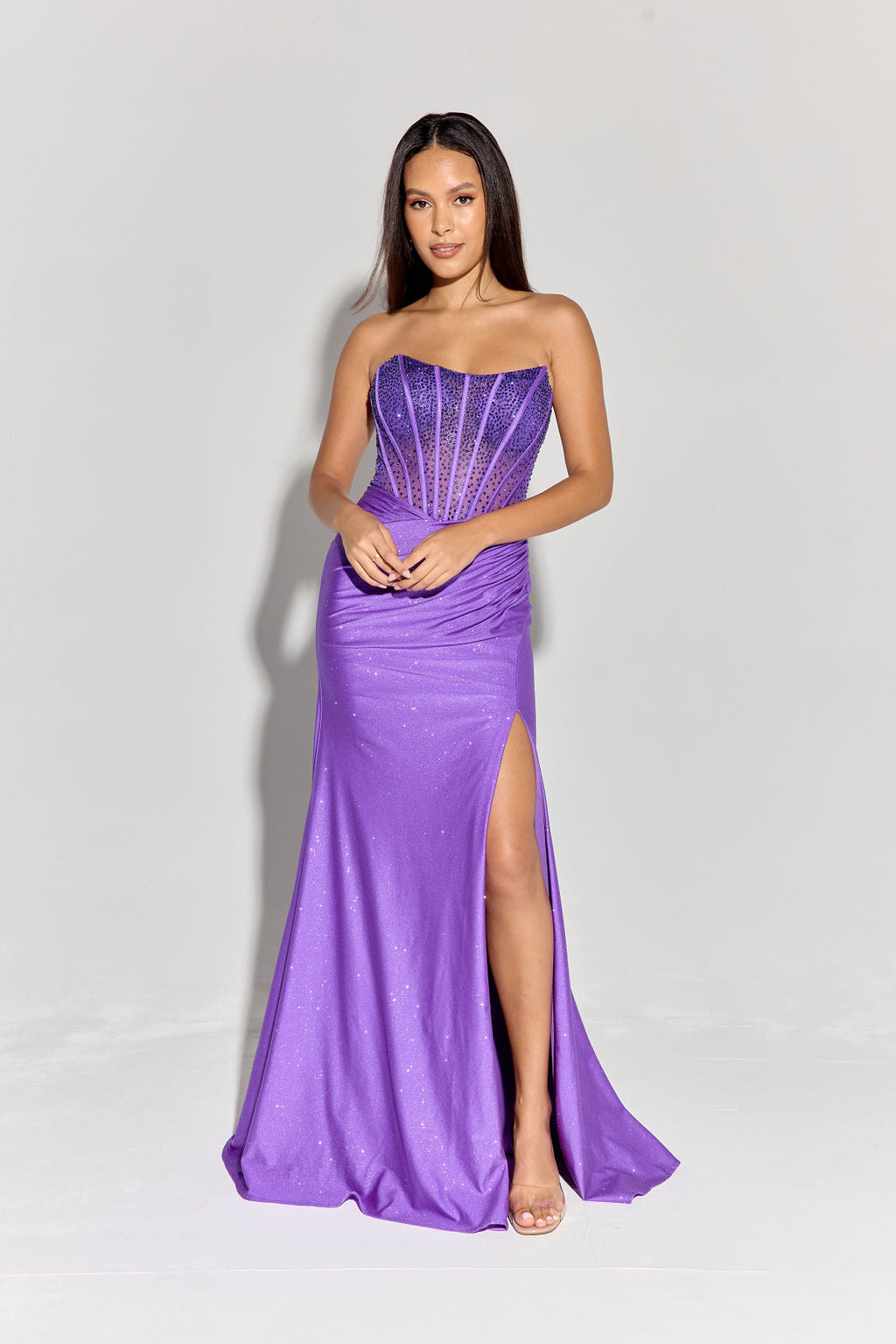 Glitter Jersey Strapless Slit Gown by Eureka EK169