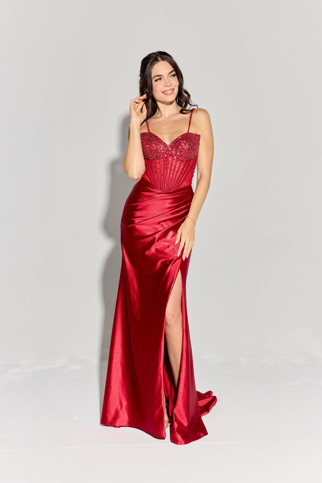 Beaded Satin Strapless Slit Gown by Eureka EK183