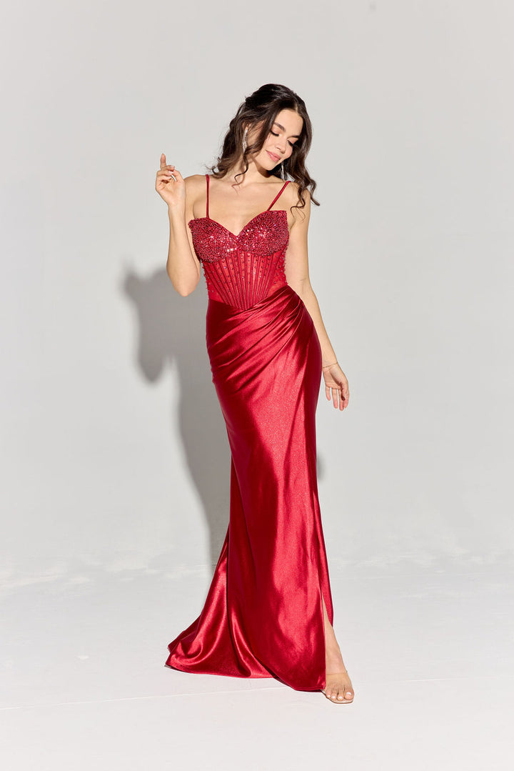 Beaded Satin Strapless Slit Gown by Eureka EK183