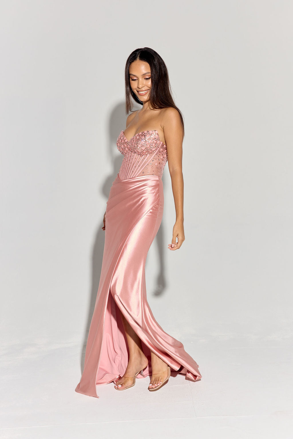 Beaded Satin Strapless Slit Gown by Eureka EK183