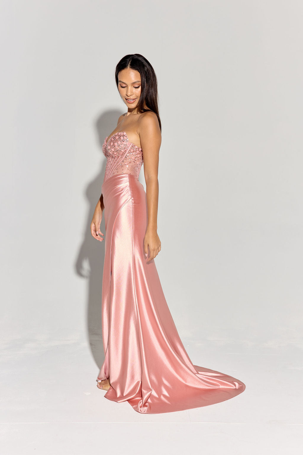 Beaded Satin Strapless Slit Gown by Eureka EK183