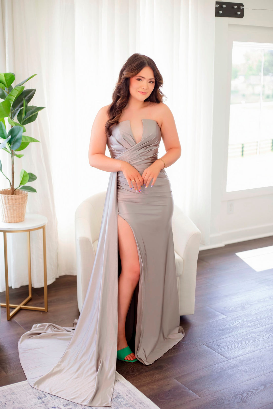 Fitted Strapless Satin Slit Gown by Ladivine CDS441
