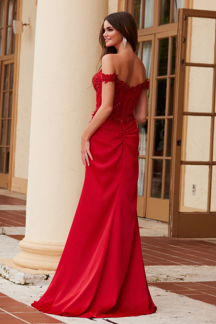 Applique Off Shoulder Slit Gown by Nox Anabel F1572