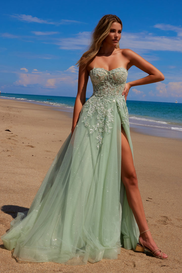 Glitter Strapless A-line Slit Gown by Nox Anabel G1371