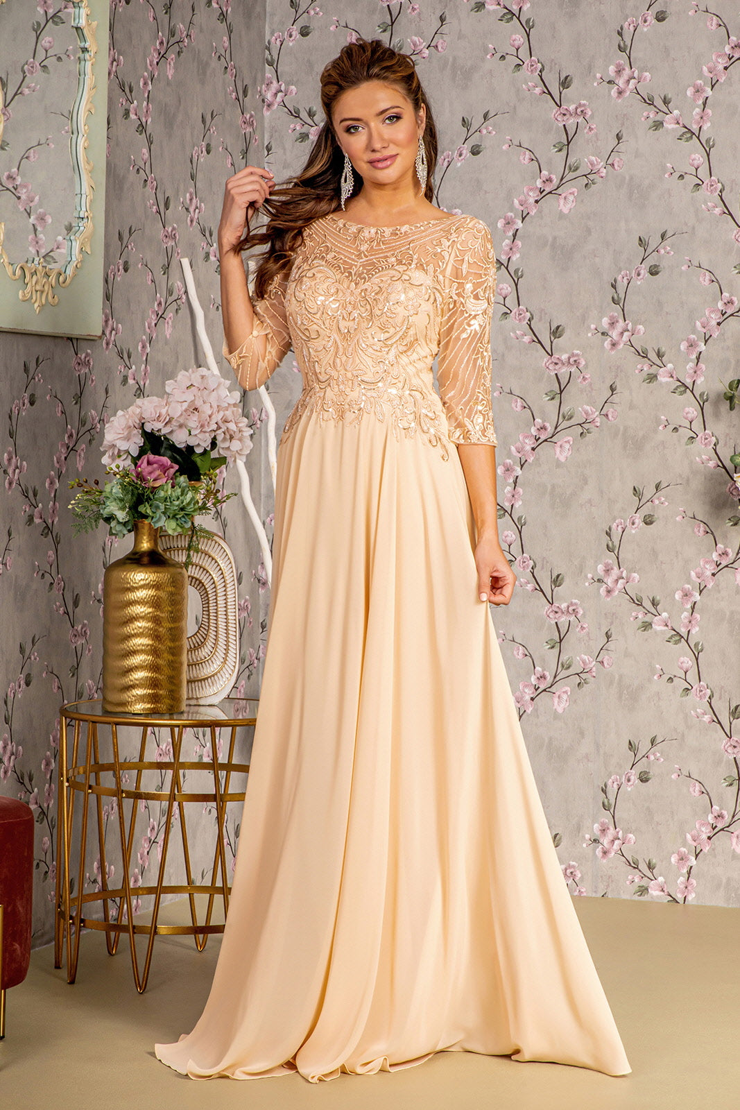 Sequin Embroidered 3/4 Sleeve Gown by GLS Gloria GL3446 - Outlet