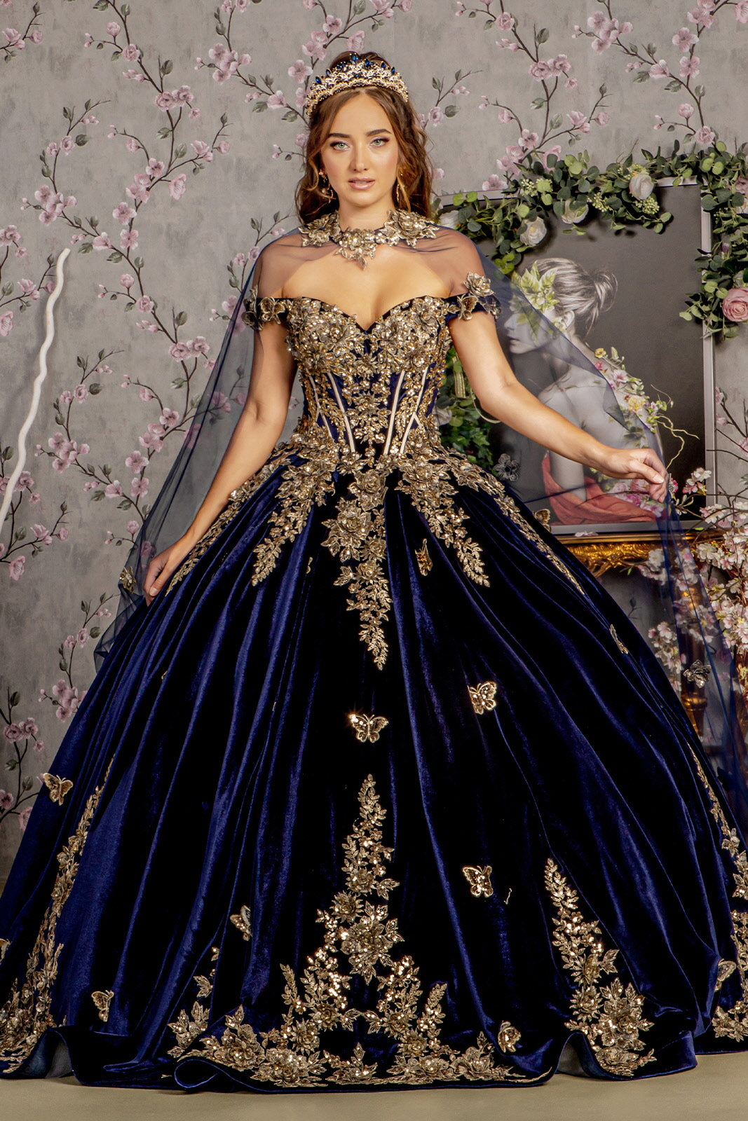 gold royal blue quinceanera dresses