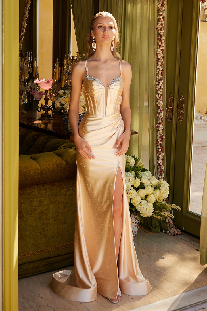 Beaded Satin Corset Slit Gown by Elizabeth K GL3538