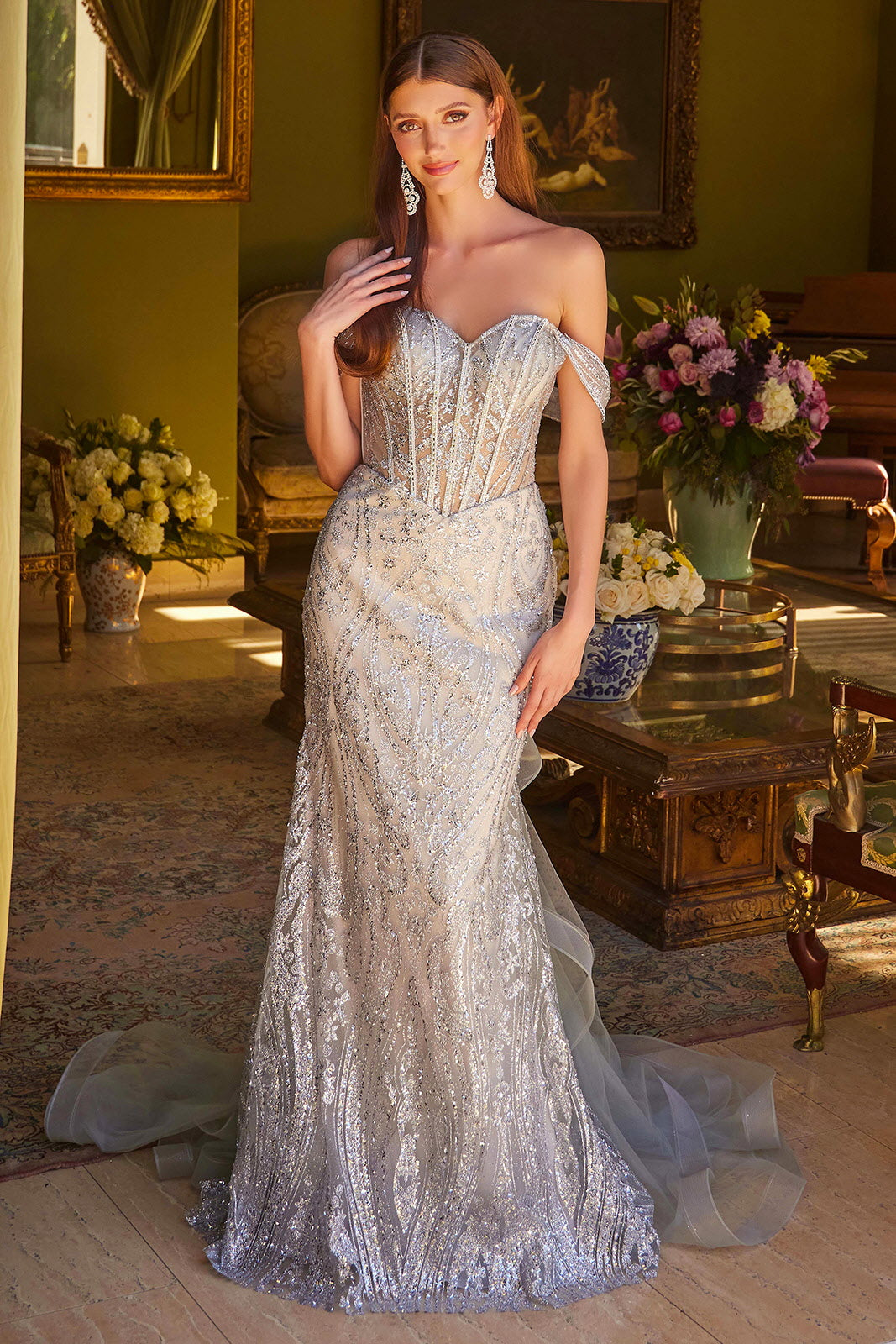 Glitter Print Off Shoulder Gown by Elizabeth K GL3563