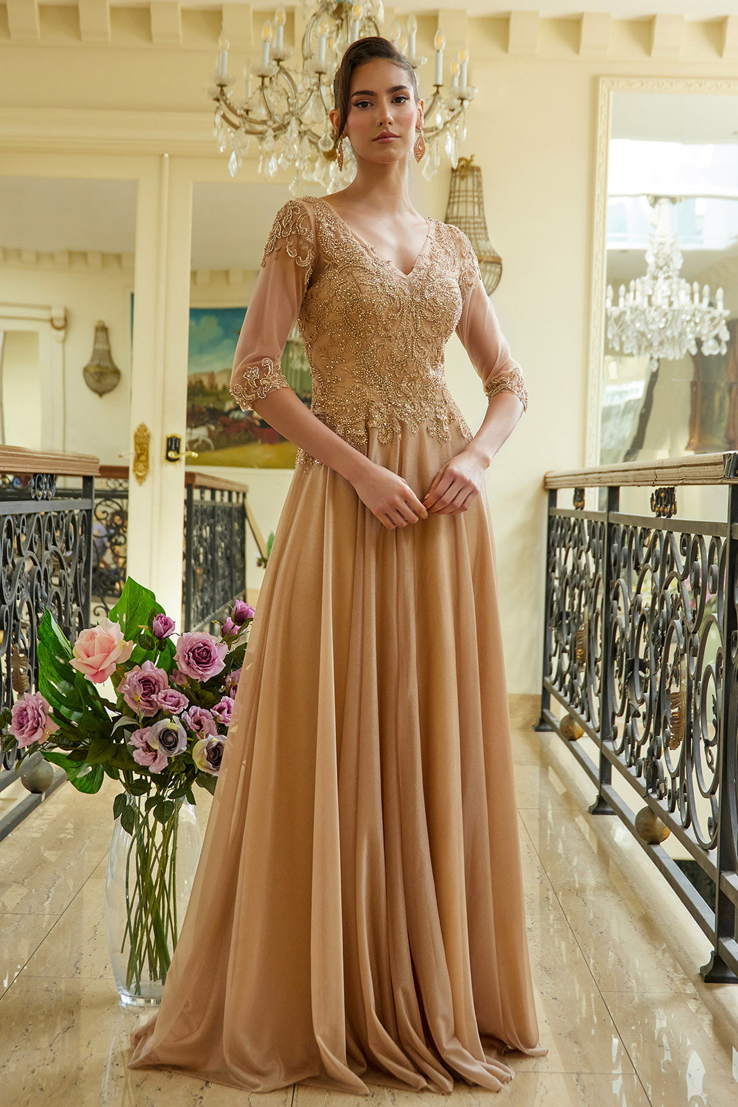 Applique 3/4 Sleeve A-line Gown by Elizabeth K GL3572