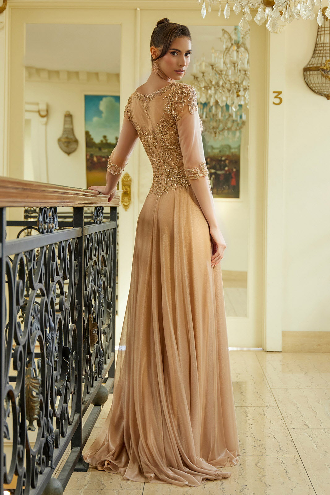 Applique 3/4 Sleeve A-line Gown by Elizabeth K GL3572