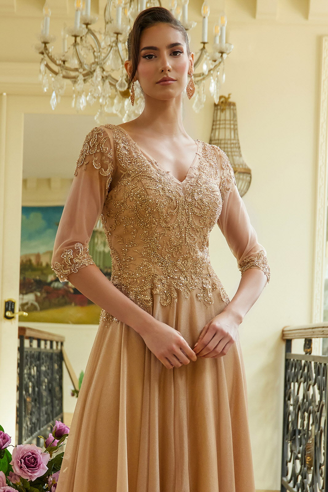 Applique 3/4 Sleeve A-line Gown by Elizabeth K GL3572