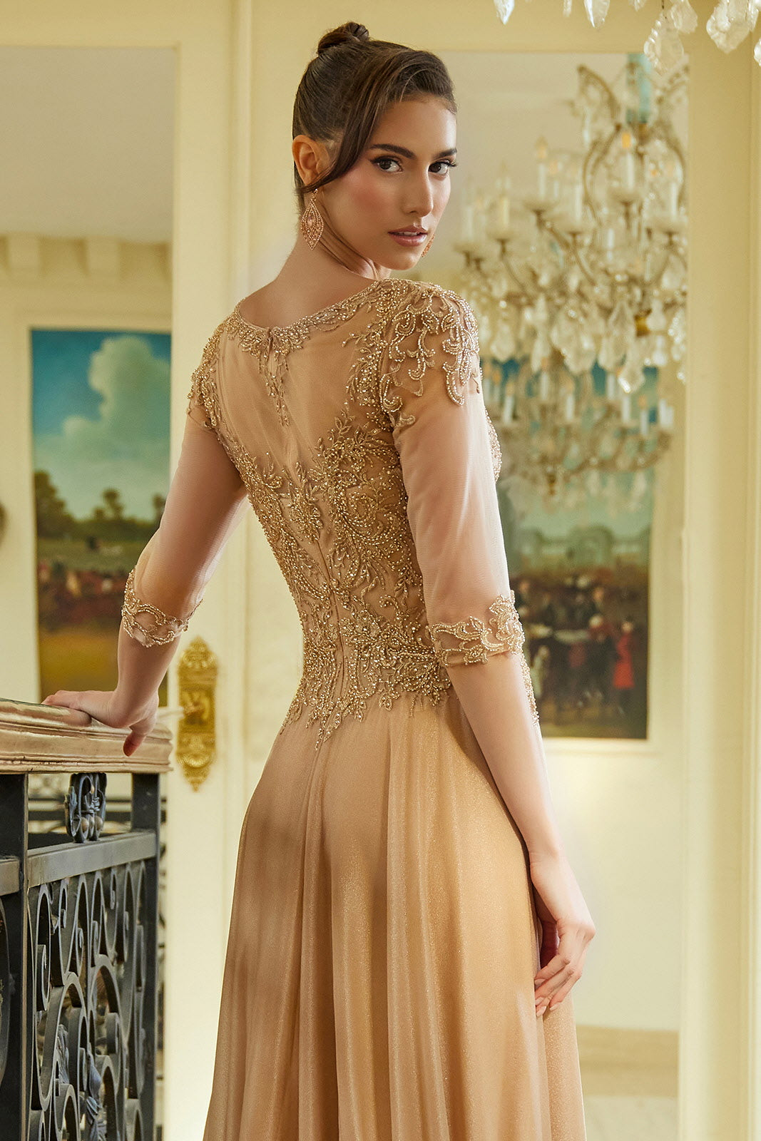 Applique 3/4 Sleeve A-line Gown by Elizabeth K GL3572