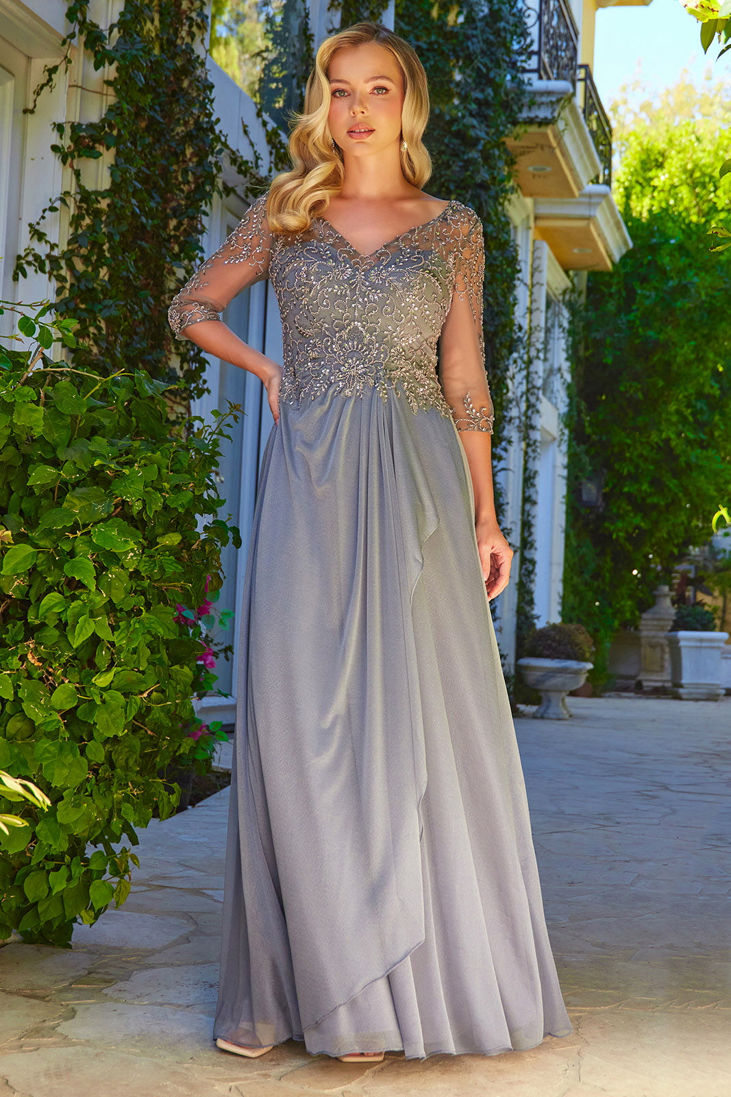 Beaded 3/4 Sleeve A-line Gown by Elizabeth K GL3574