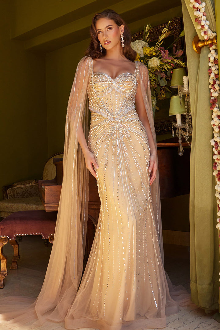 Beaded Fitted Cape Sleeve Gown by GLS Gloria GL3583