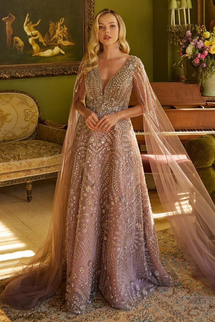 Beaded Cape Sleeve A-line Gown by GLS Gloria GL3607