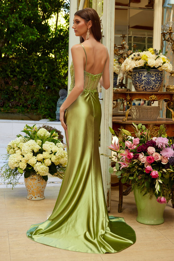 Beaded Satin Fitted Slit Gown by Elizabeth K GL3625