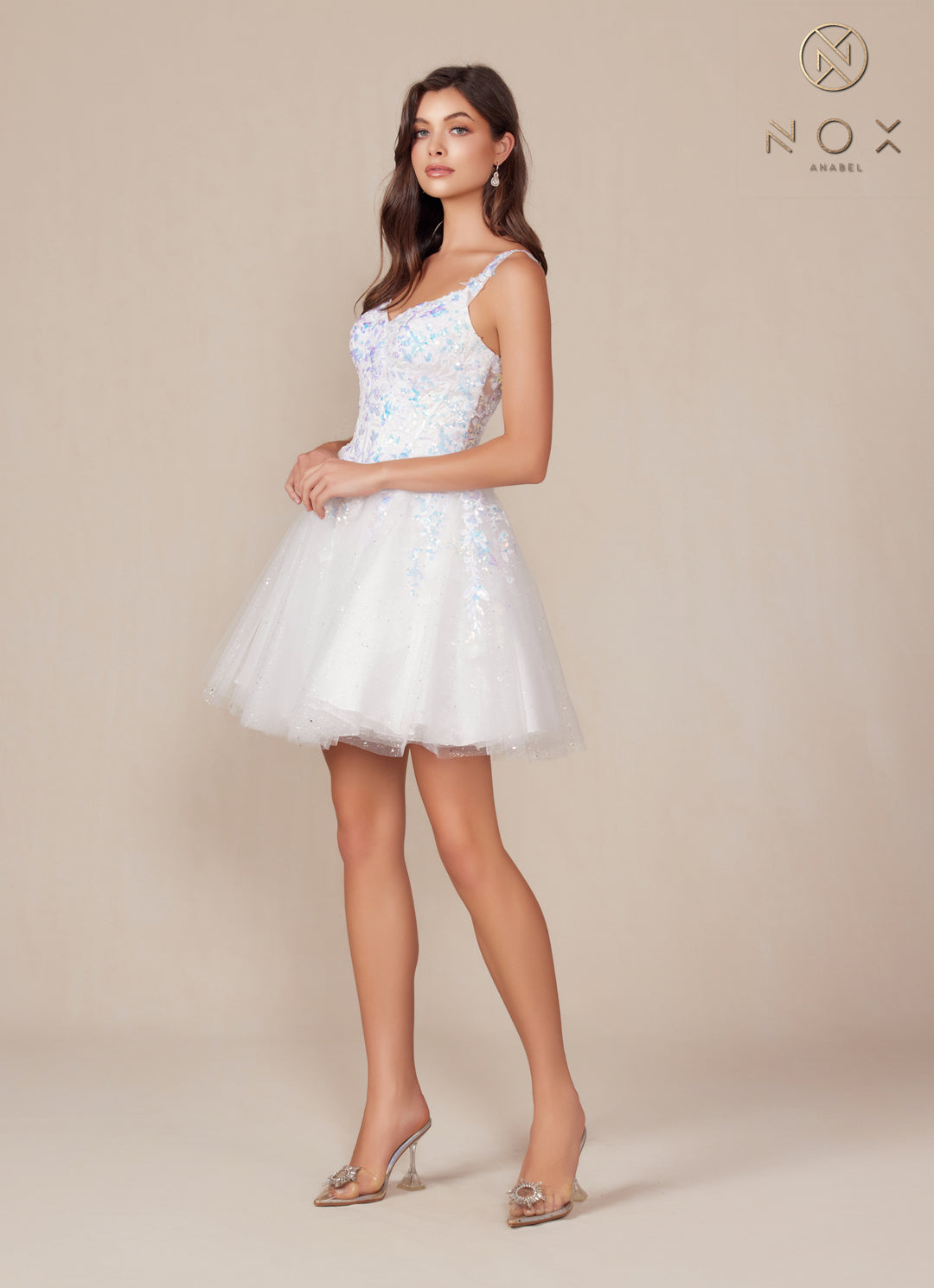 White Applique Short Sleeveless Dress by Nox Anabel H846W