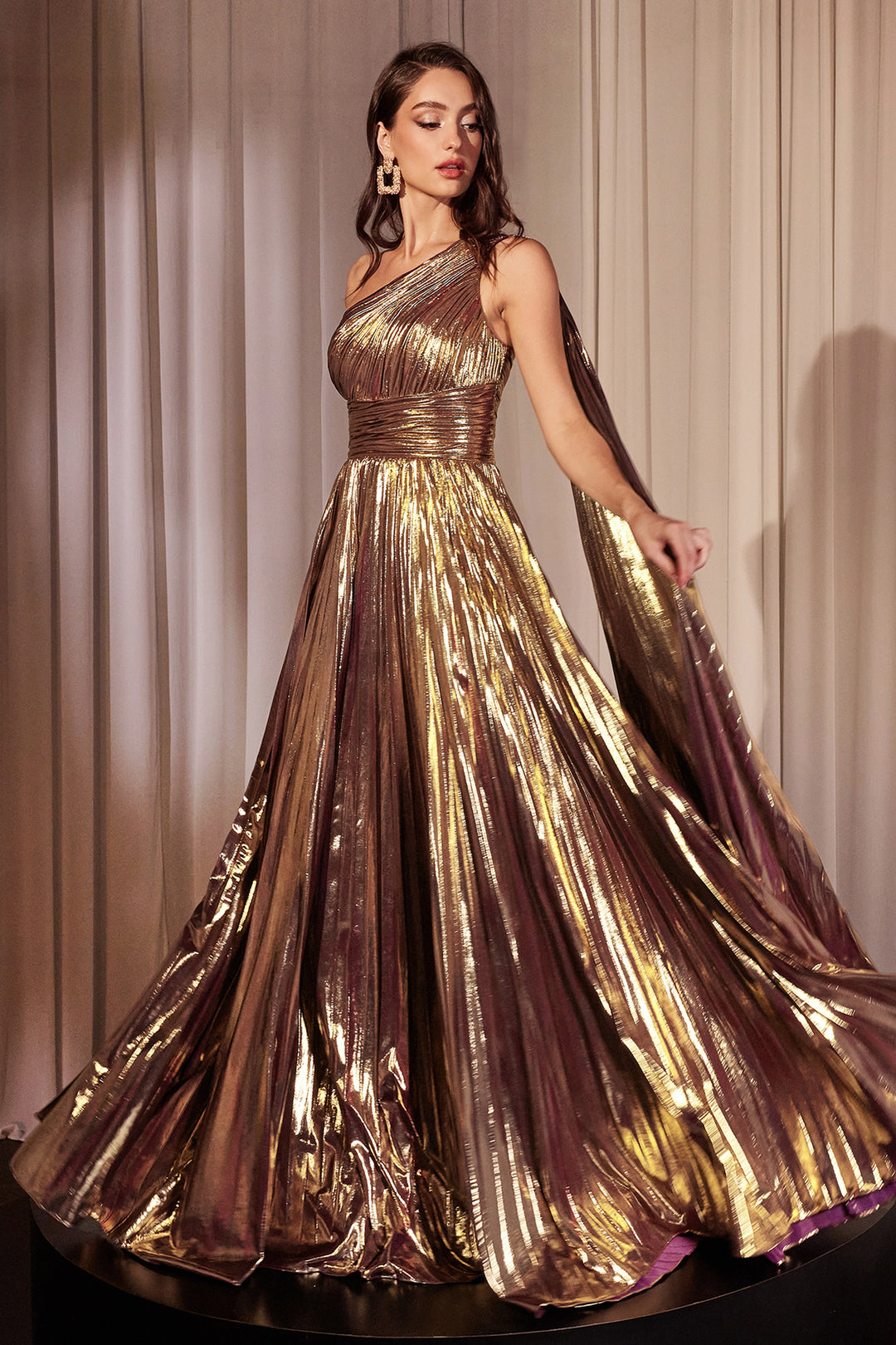 Metallic One Shoulder A-line Gown by Ladivine J874