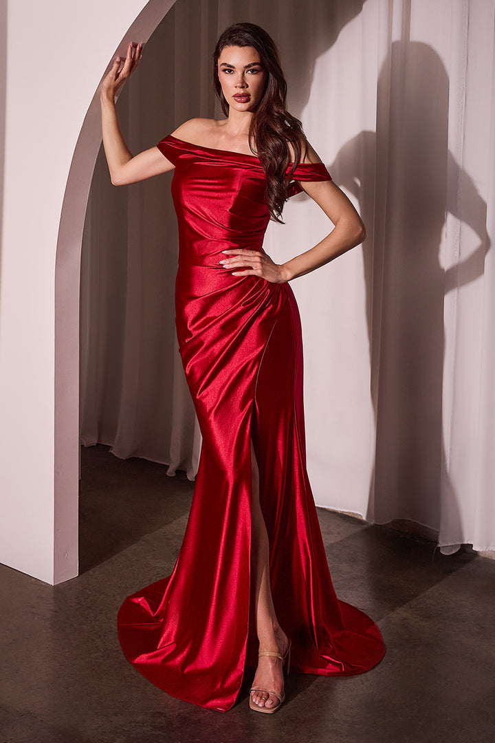 Satin Fitted Off Shoulder Slit Gown by Ladivine J877