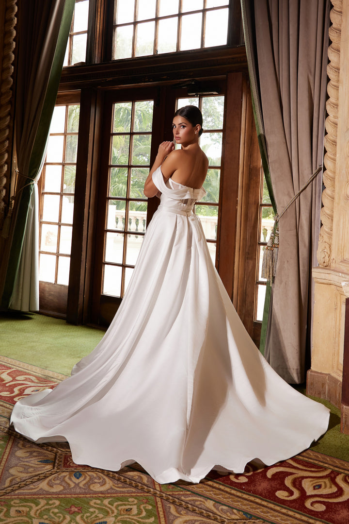 Satin Off Shoulder Slit Bridal Gown by Nox Anabel JE1016