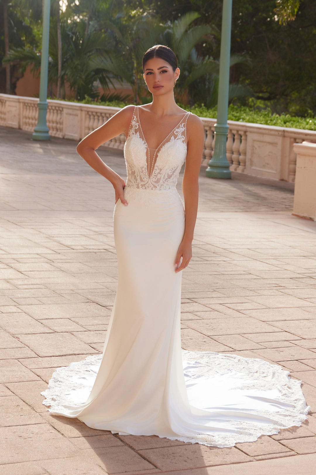 Applique Satin V-Neck Bridal Gown by Nox Anabel JE1022L