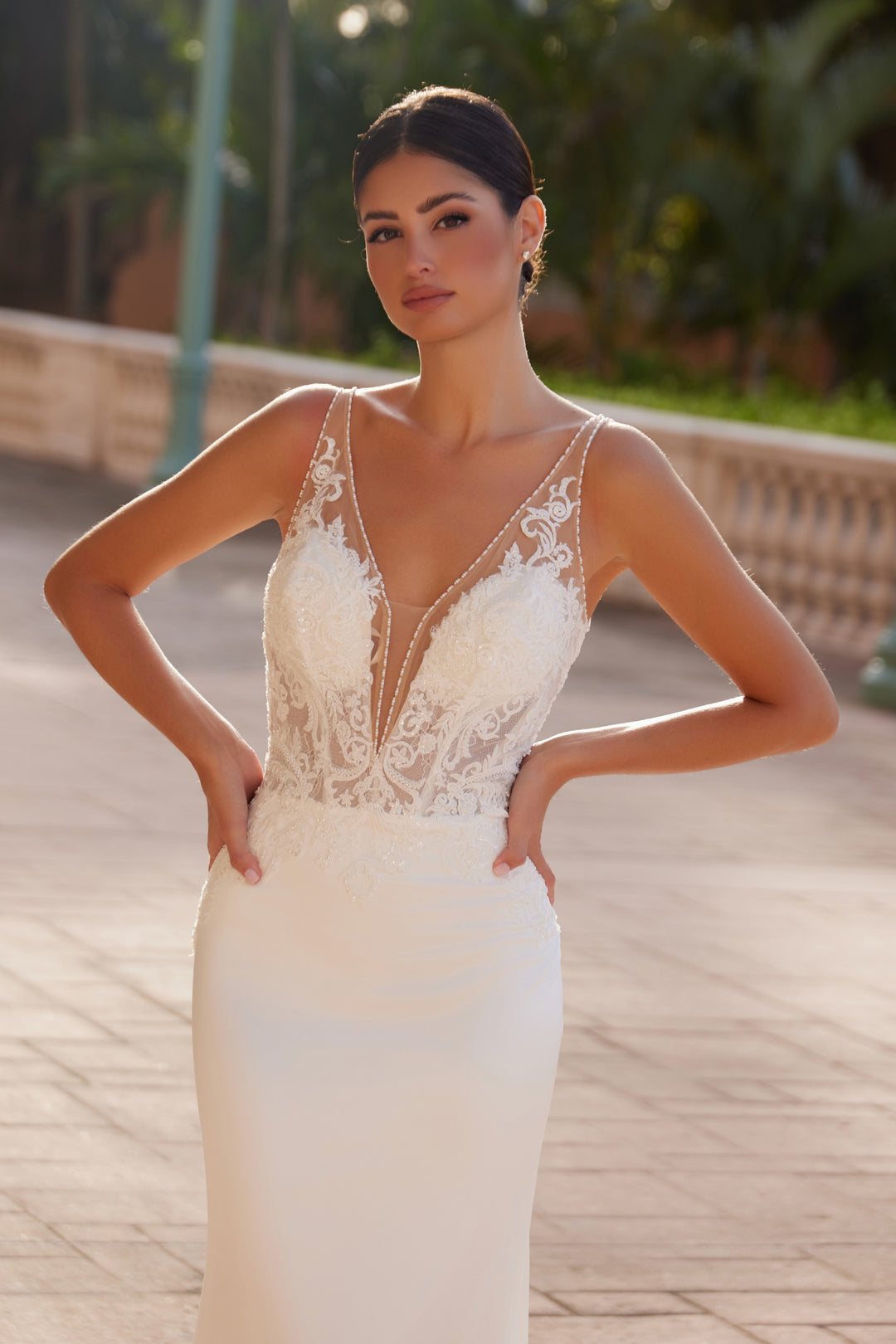 Applique Satin V-Neck Bridal Gown by Nox Anabel JE1022L