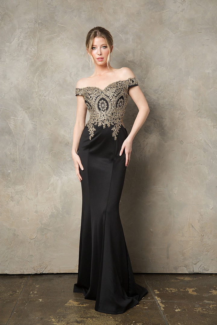 Gold Applique Off Shoulder Mermaid Dress by Juno 0932 - Outlet