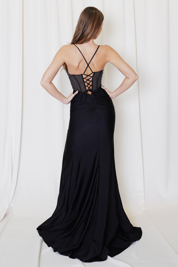 Beaded Fitted V-Neck Slit Gown by Juno M1038