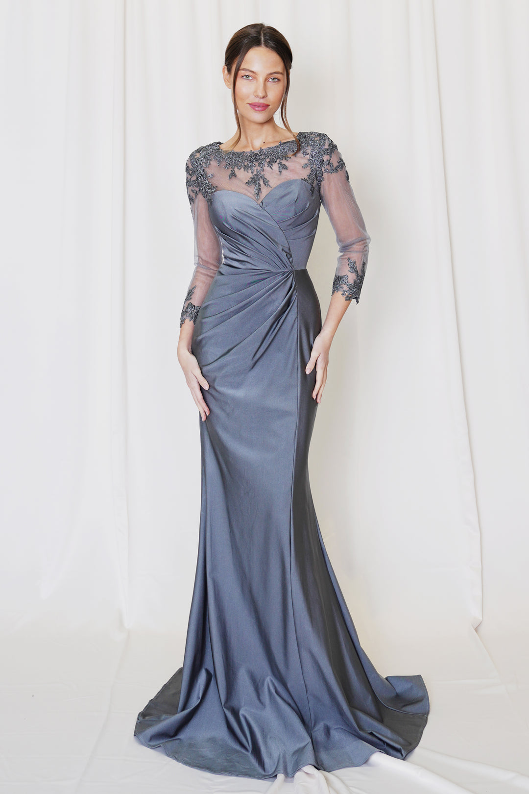 Applique Fitted Long Sleeve Gown by Juno M1040