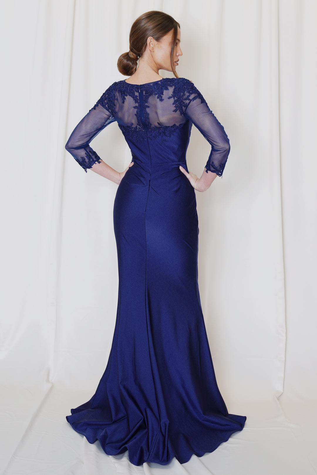 Applique Fitted Long Sleeve Gown by Juno M1040