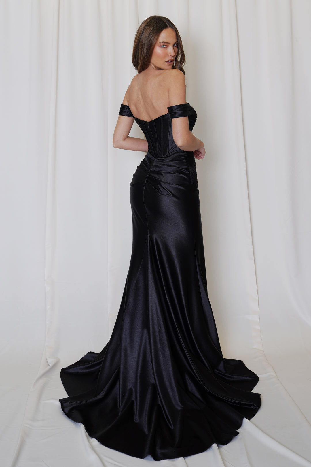 Satin Fitted Off Shoulder Slit Gown by Juno M1043