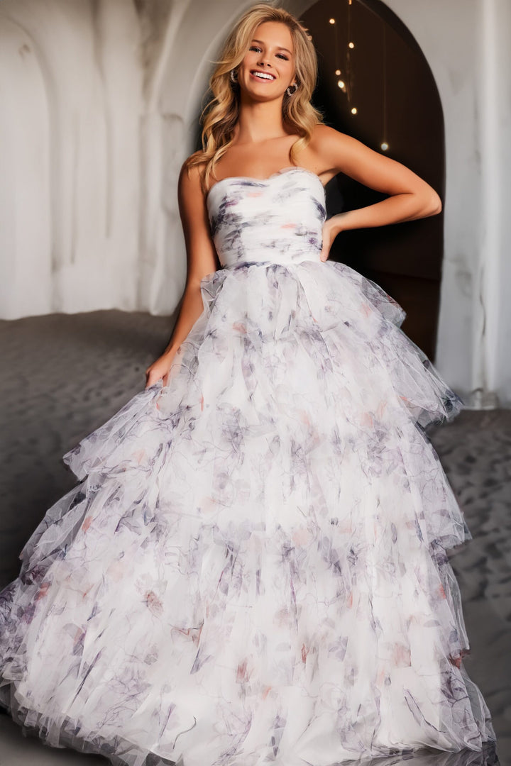 Print Strapless A-line Ruffled Gown by Jovani 38608